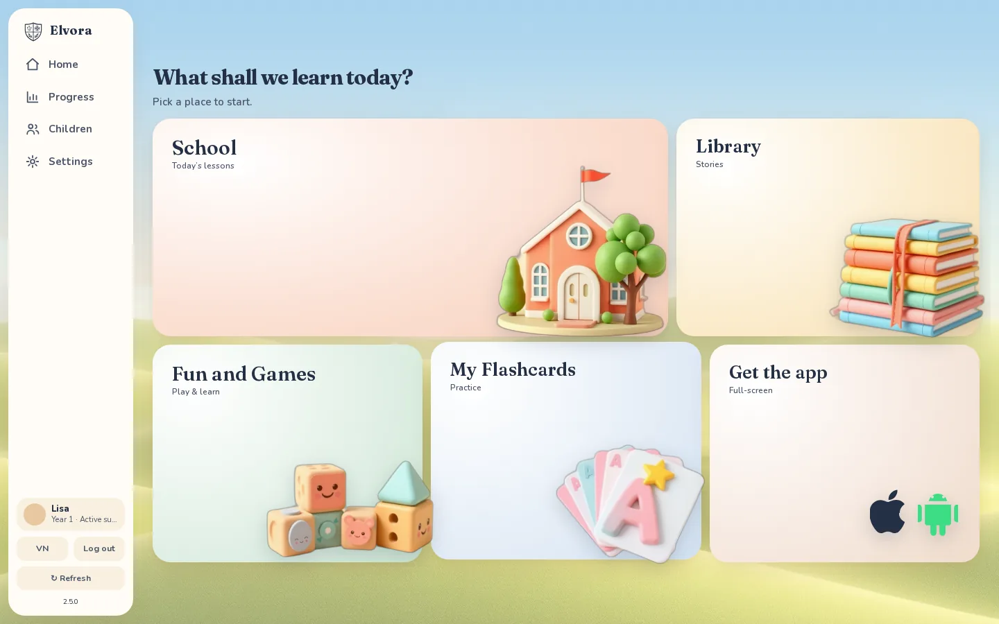 The Elvora home screen a child opens each day — School, Library, Games and Flashcards.