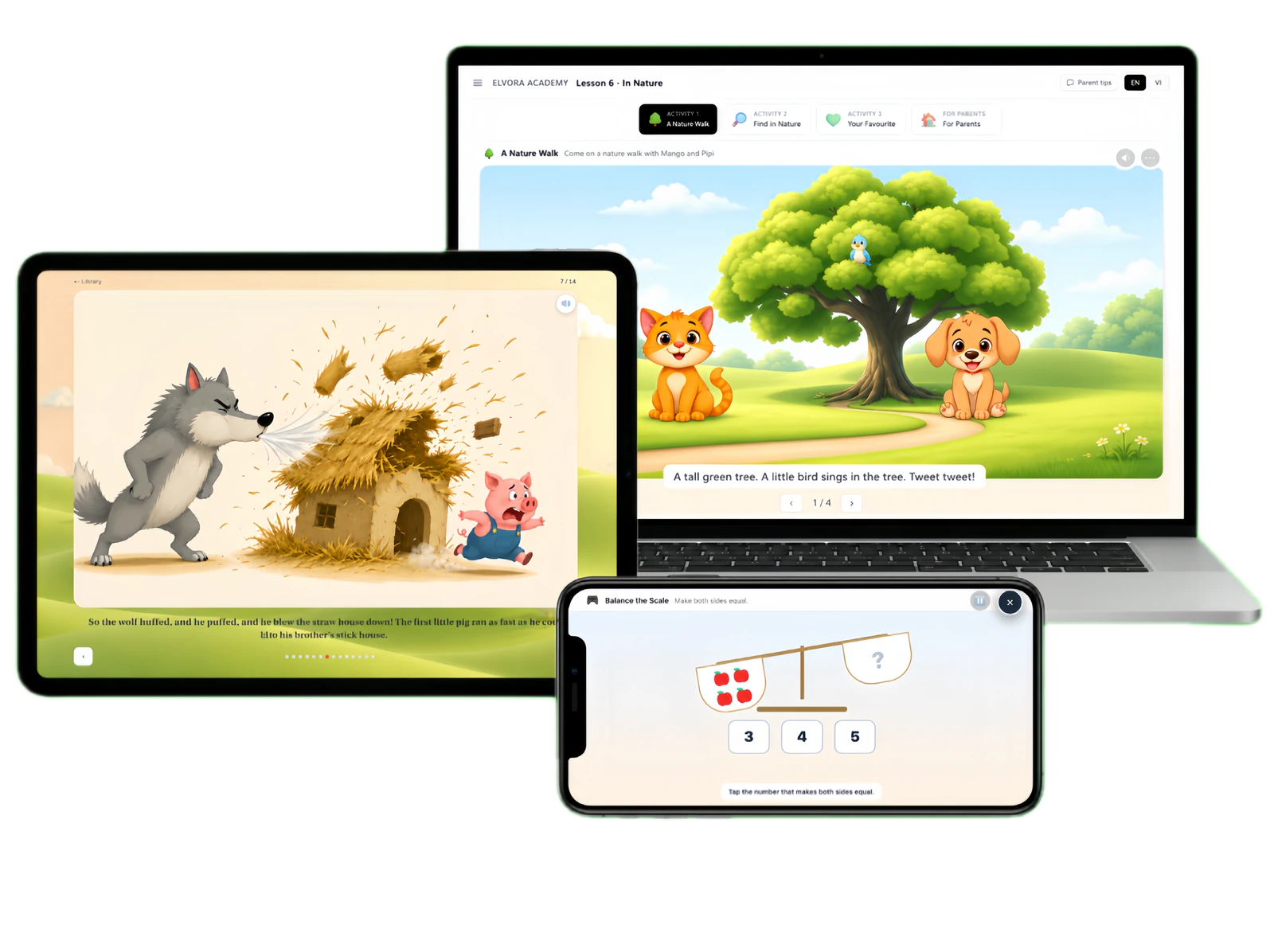 The same class on a laptop, a tablet and a phone — a storybook, an English lesson and a maths game.