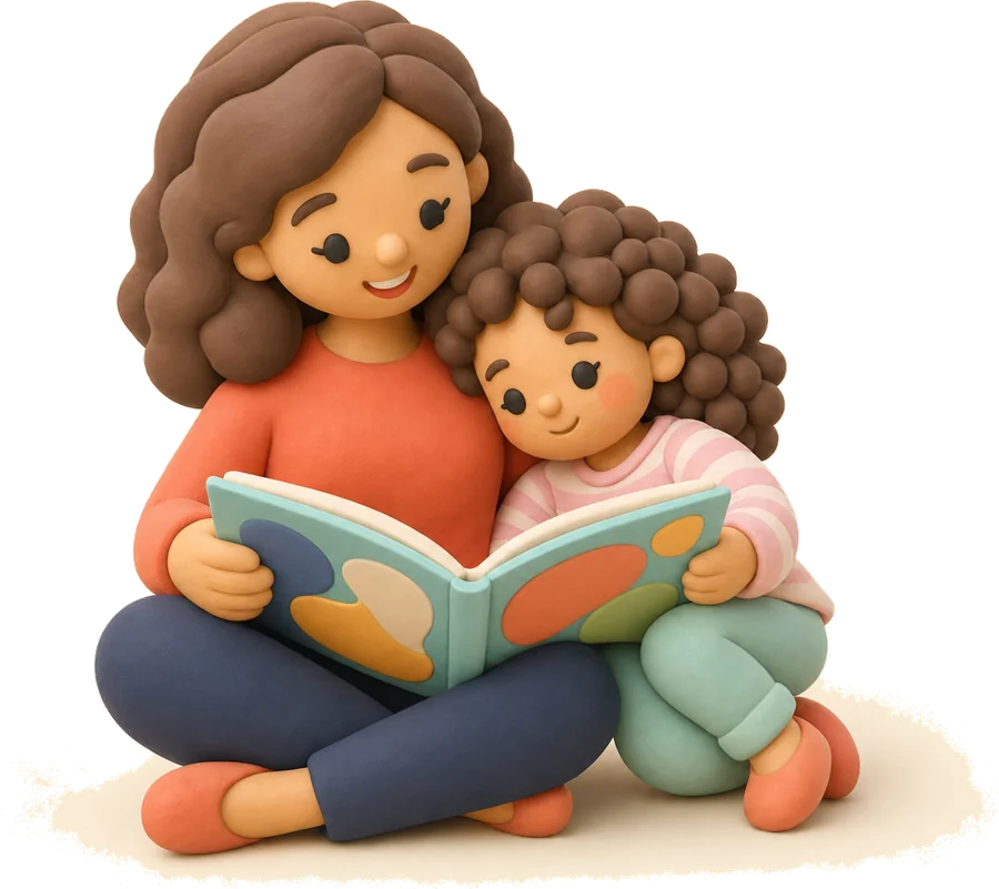 A parent and child sitting together with a picture book.